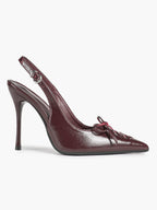 White Patent Leather Bow Slingback Heels Pointed Toe Stilettos Bridal Office