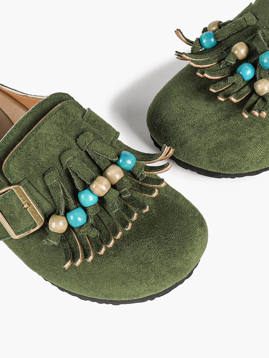 Women's Green Suede Tassel Bead Clogs Adjustable Buckle Casual Slip-On Birkenstock-Style Shoes
