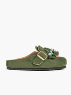 Women's Green Suede Tassel Bead Clogs Adjustable Buckle Casual Slip-On Birkenstock-Style Shoes