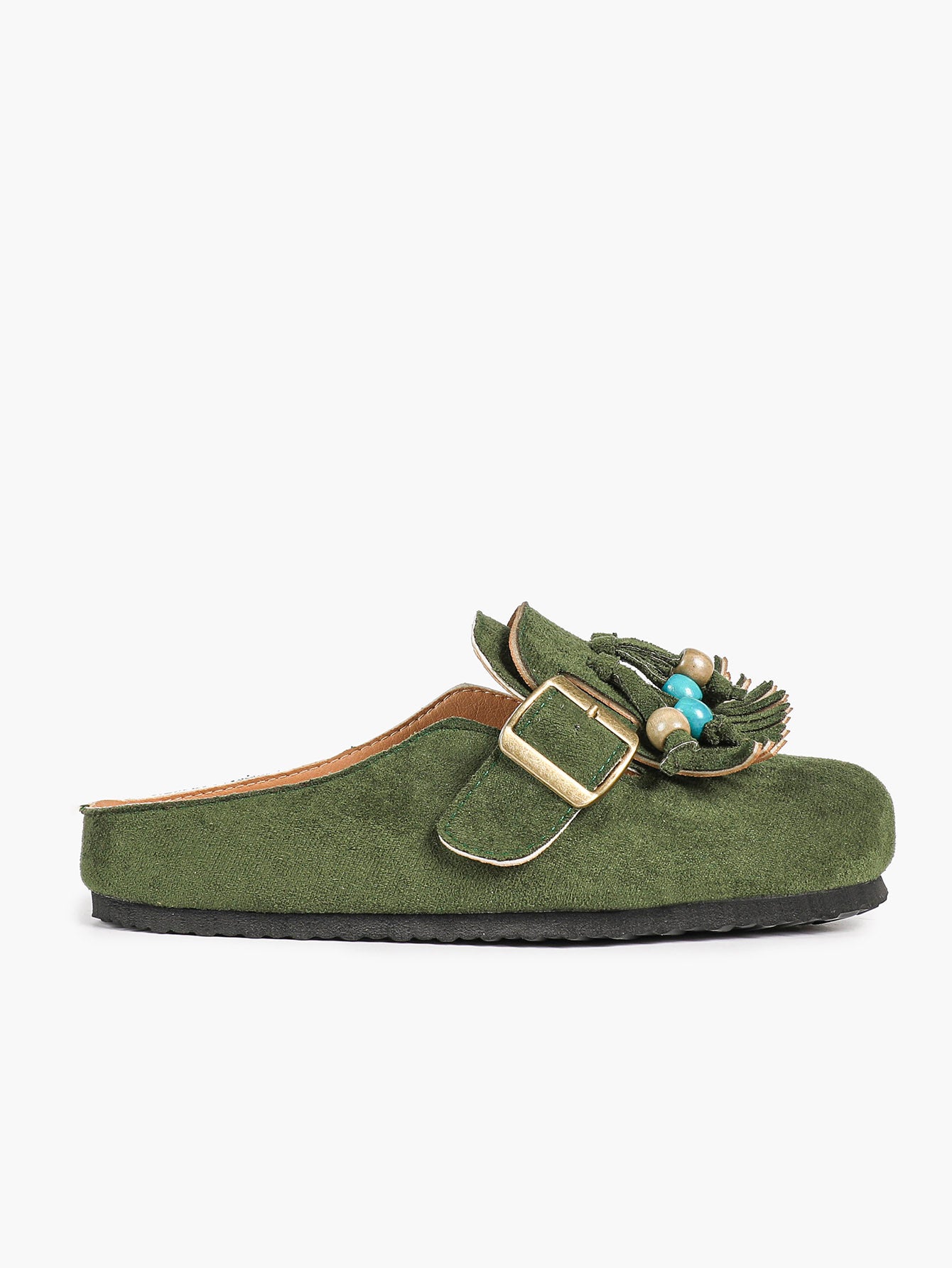 Women's Green Suede Tassel Bead Clogs Adjustable Buckle Casual Slip-On Birkenstock-Style Shoes