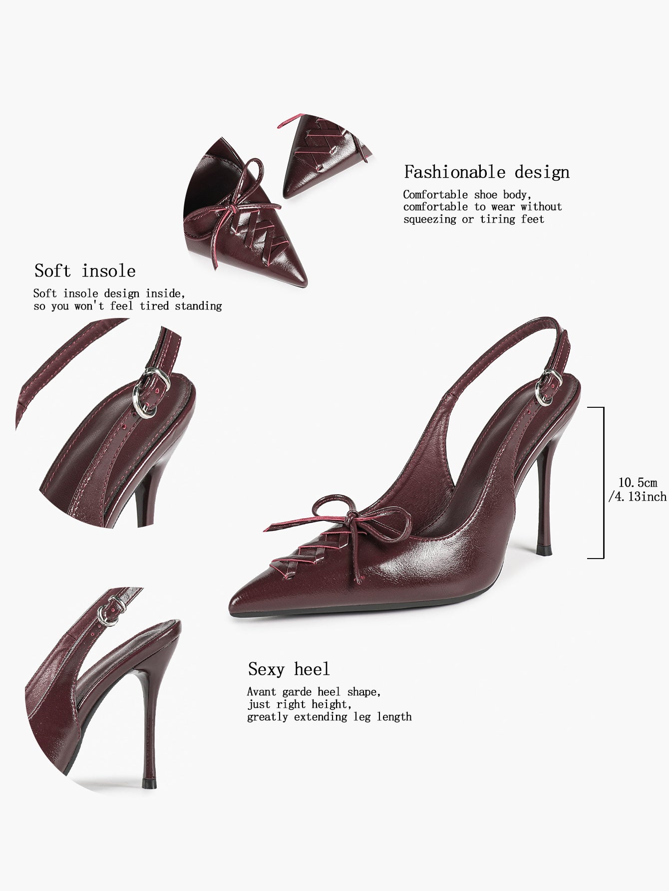 White Patent Leather Bow Slingback Heels Pointed Toe Stilettos Bridal Office