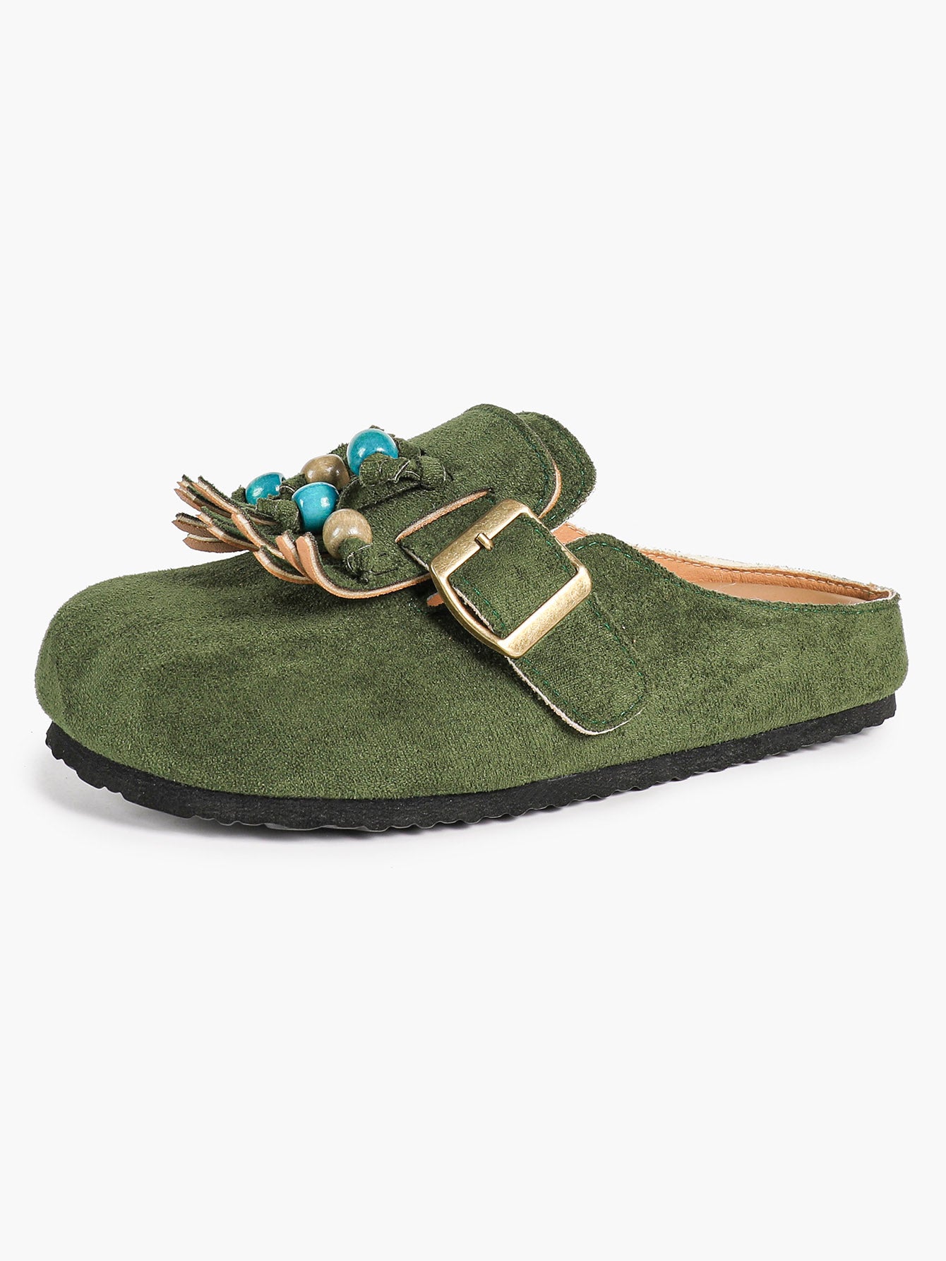 Women's Green Suede Tassel Bead Clogs Adjustable Buckle Casual Slip-On Birkenstock-Style Shoes