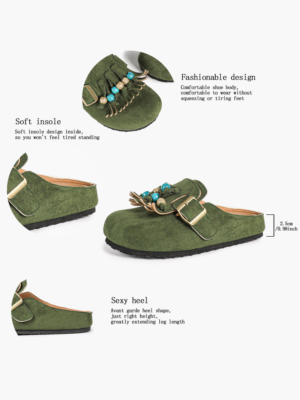 Women's Green Suede Tassel Bead Clogs Adjustable Buckle Casual Slip-On Birkenstock-Style Shoes