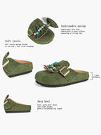 Women's Green Suede Tassel Bead Clogs Adjustable Buckle Casual Slip-On Birkenstock-Style Shoes