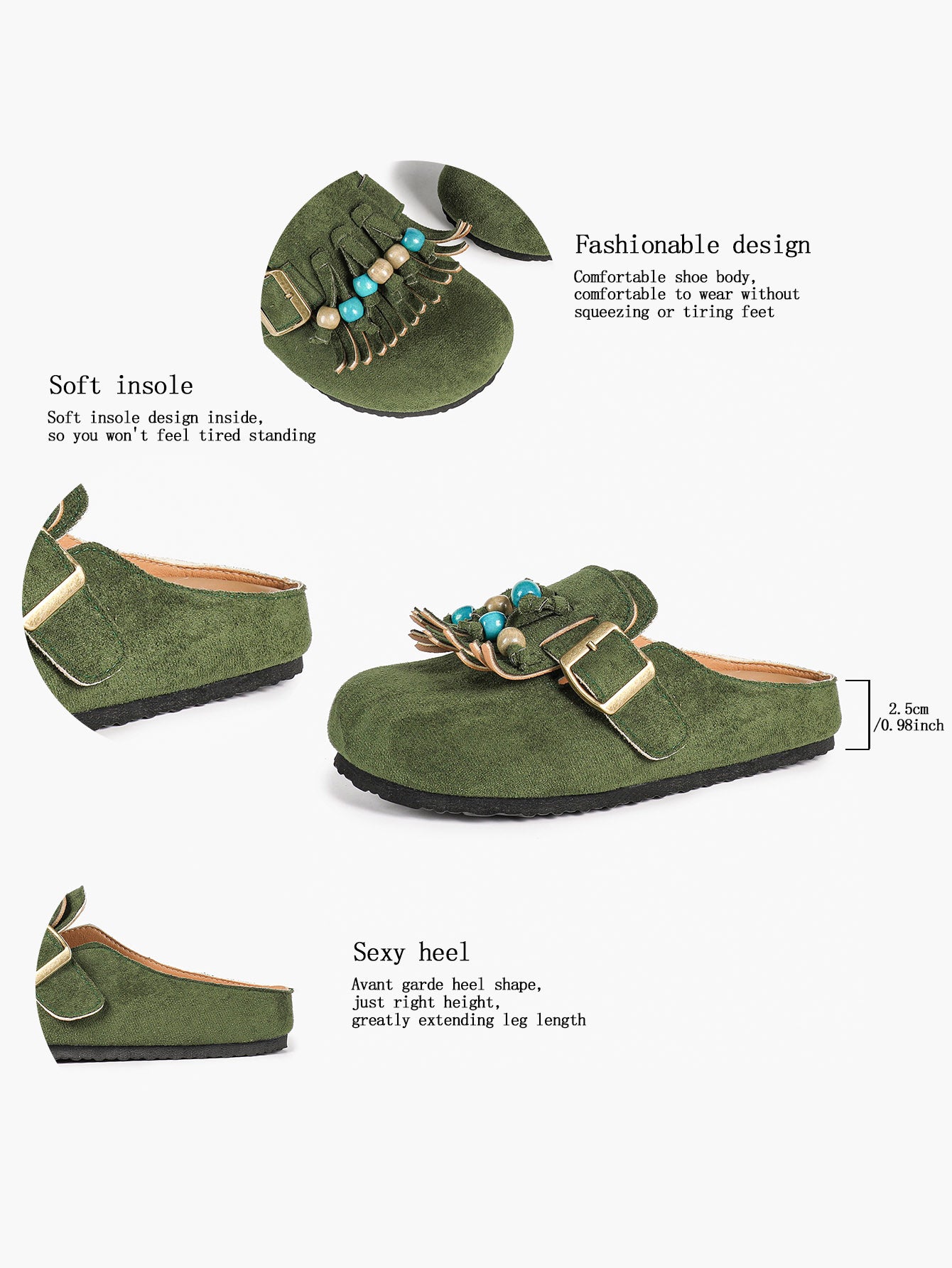 Women's Green Suede Tassel Bead Clogs Adjustable Buckle Casual Slip-On Birkenstock-Style Shoes