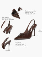 White Patent Leather Bow Slingback Heels Pointed Toe Stilettos Bridal Office