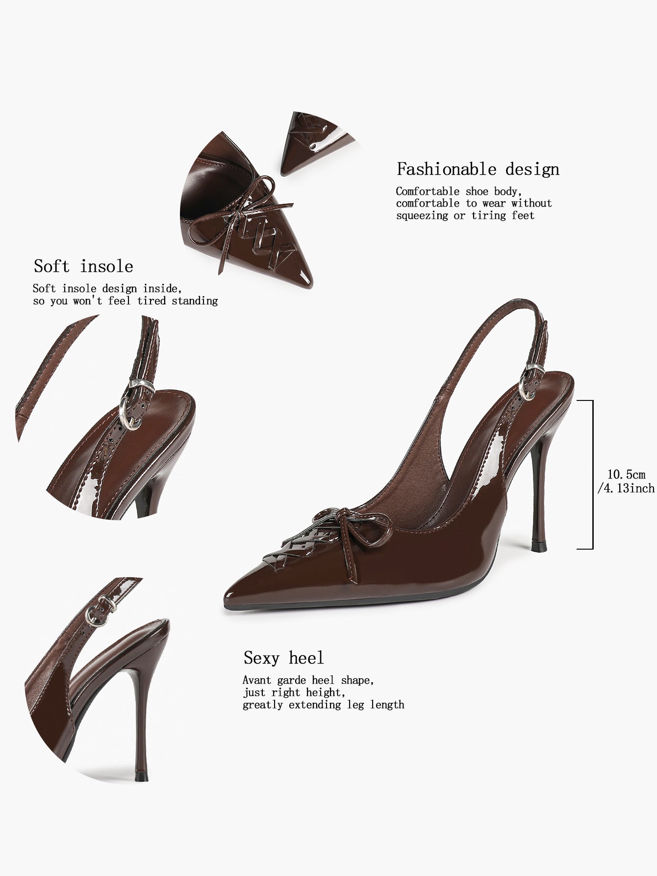 White Patent Leather Bow Slingback Heels Pointed Toe Stilettos Bridal Office