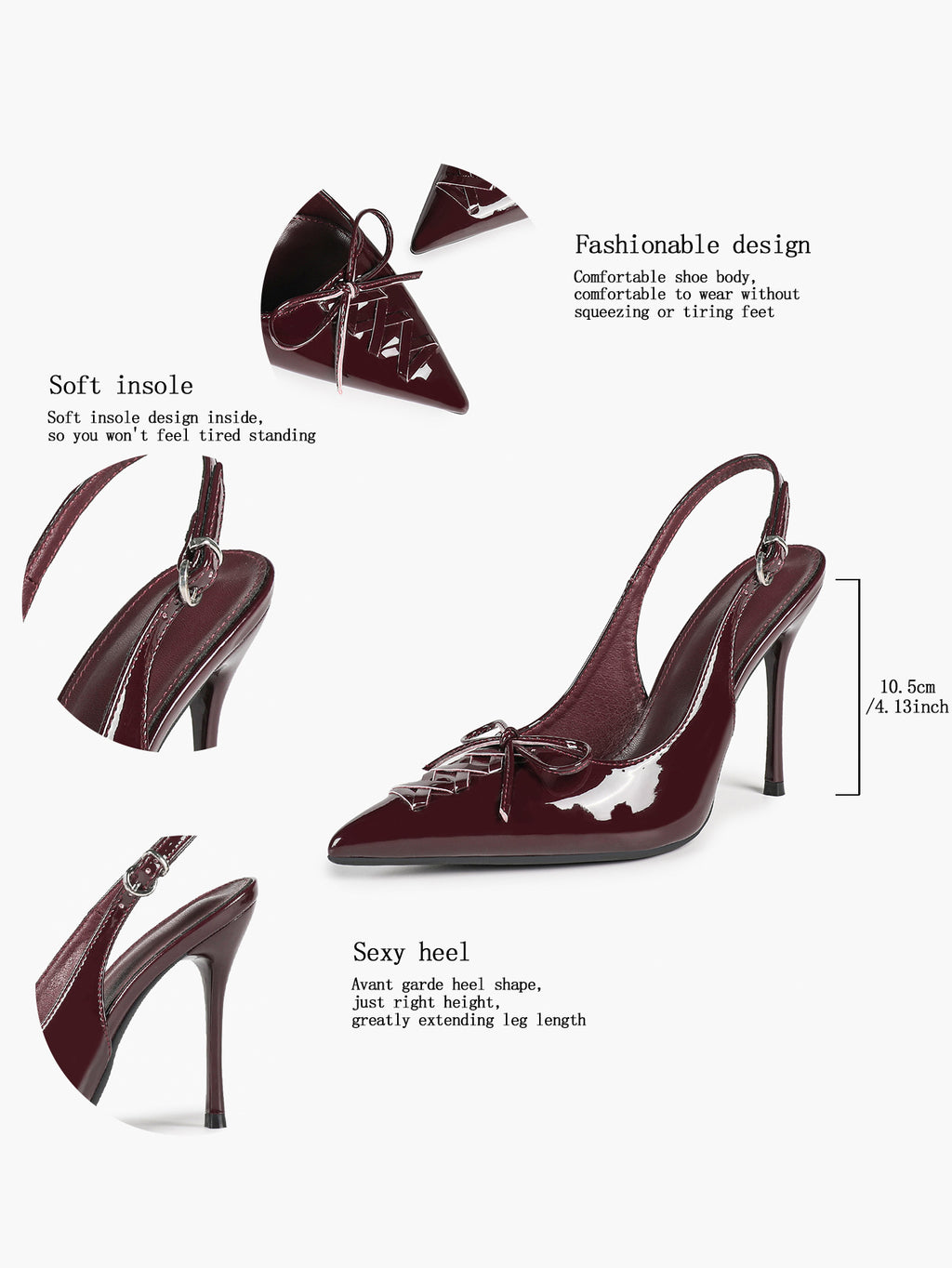 White Patent Leather Bow Slingback Heels Pointed Toe Stilettos Bridal Office