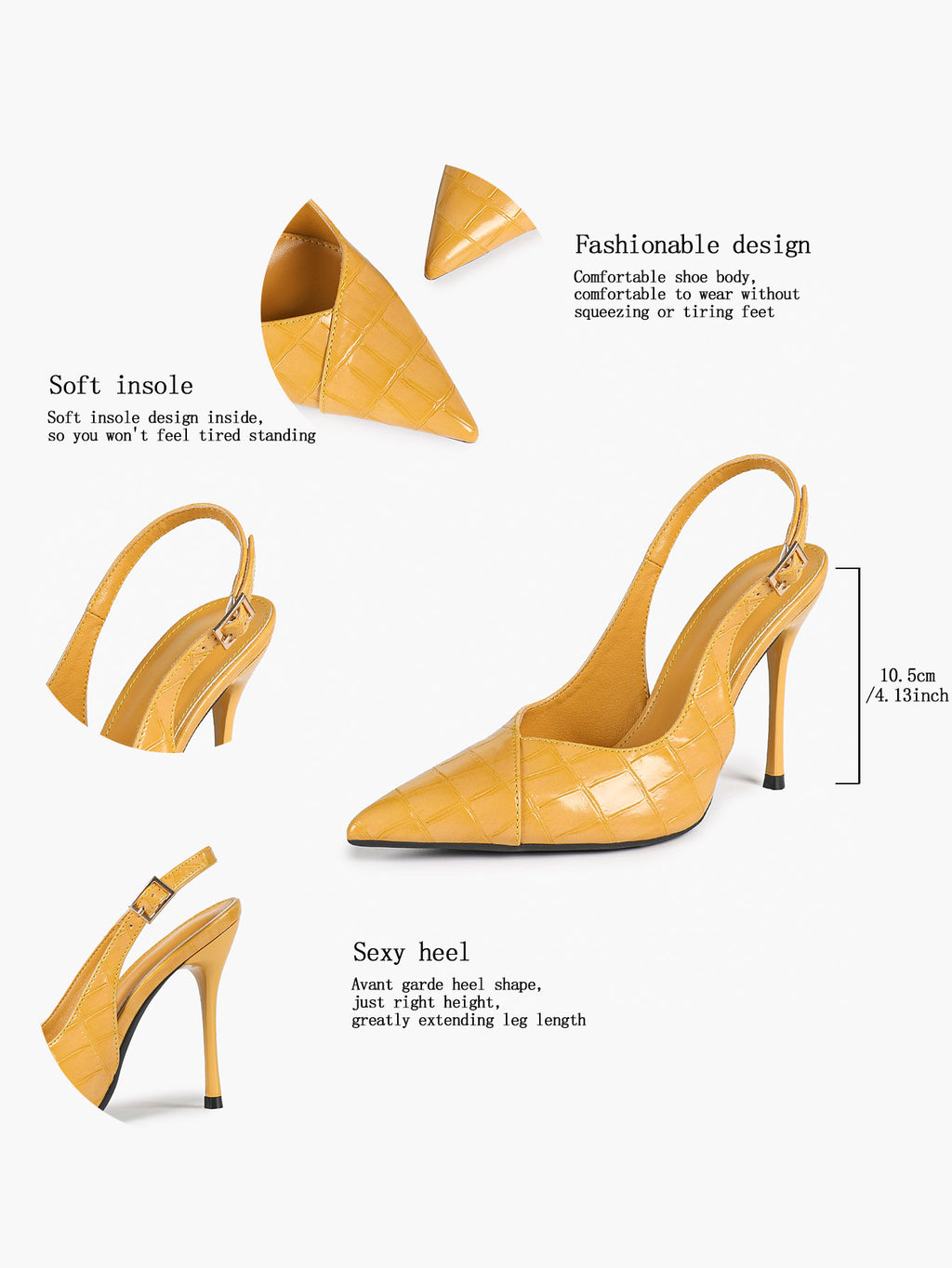 Women's Black Slingback Heels Pointed Toe Gold Buckle Stilettos Office Meeting Formal Evening Pumps