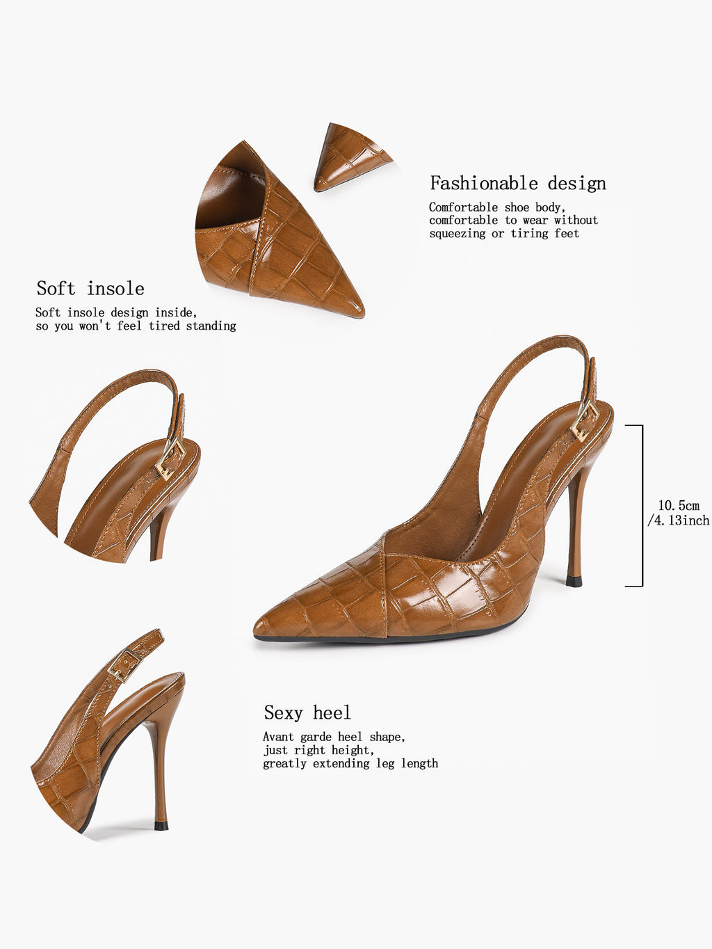 Women's Black Slingback Heels Pointed Toe Gold Buckle Stilettos Office Meeting Formal Evening Pumps