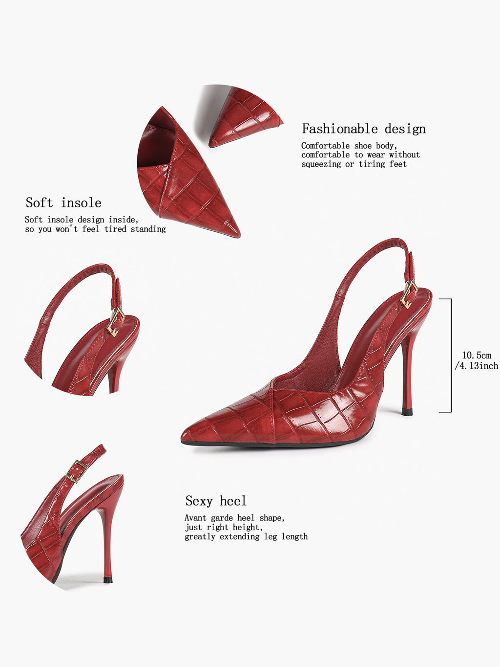 Women's Black Slingback Heels Pointed Toe Gold Buckle Stilettos Office Meeting Formal Evening Pumps