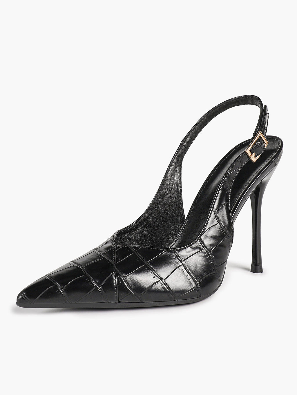 Women's Black Slingback Heels Pointed Toe Gold Buckle Stilettos Office Meeting Formal Evening Pumps