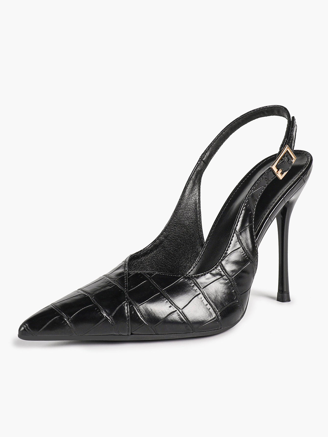 Women's Black Slingback Heels Pointed Toe Gold Buckle Stilettos Office Meeting Formal Evening Pumps