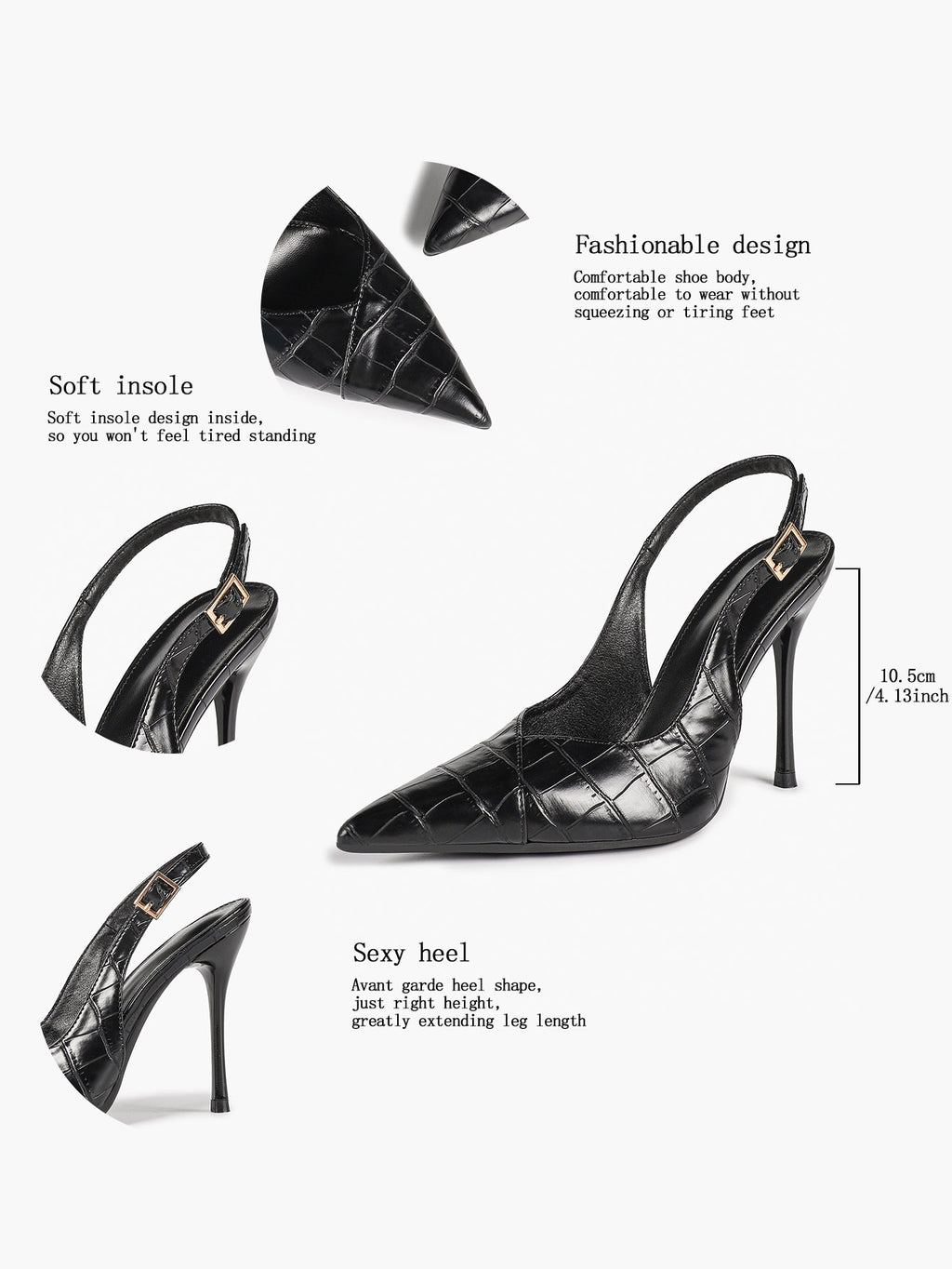 Women's Black Slingback Heels Pointed Toe Gold Buckle Stilettos Office Meeting Formal Evening Pumps