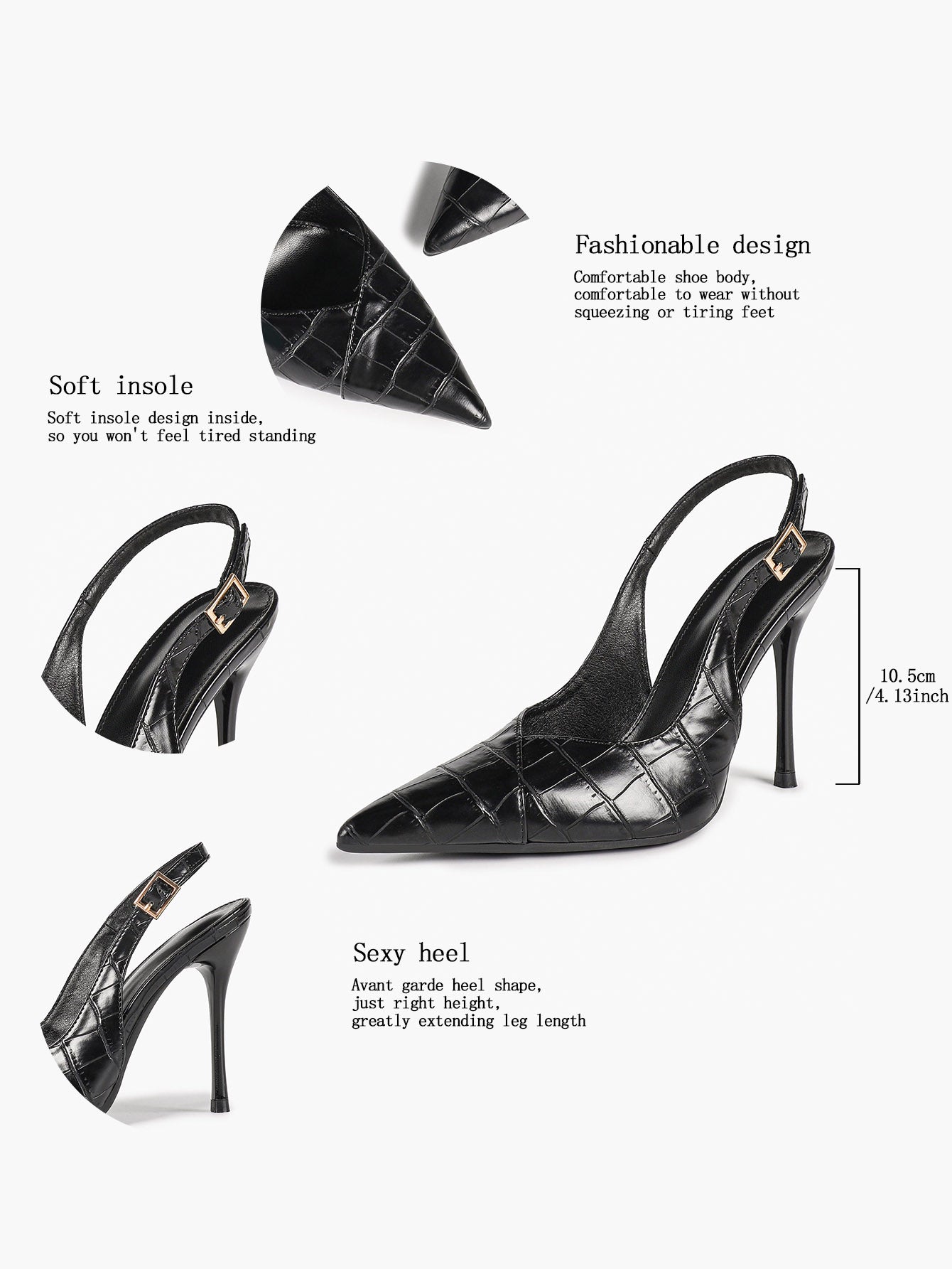 Women's Black Slingback Heels Pointed Toe Gold Buckle Stilettos Office Meeting Formal Evening Pumps
