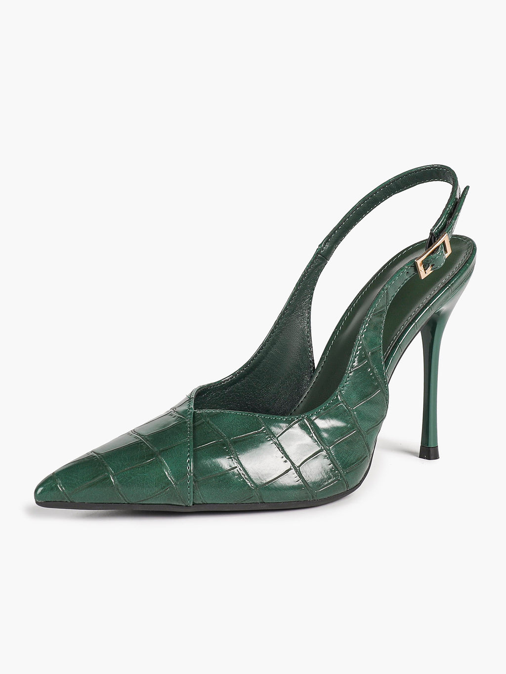 Women's Black Slingback Heels Pointed Toe Gold Buckle Stilettos Office Meeting Formal Evening Pumps