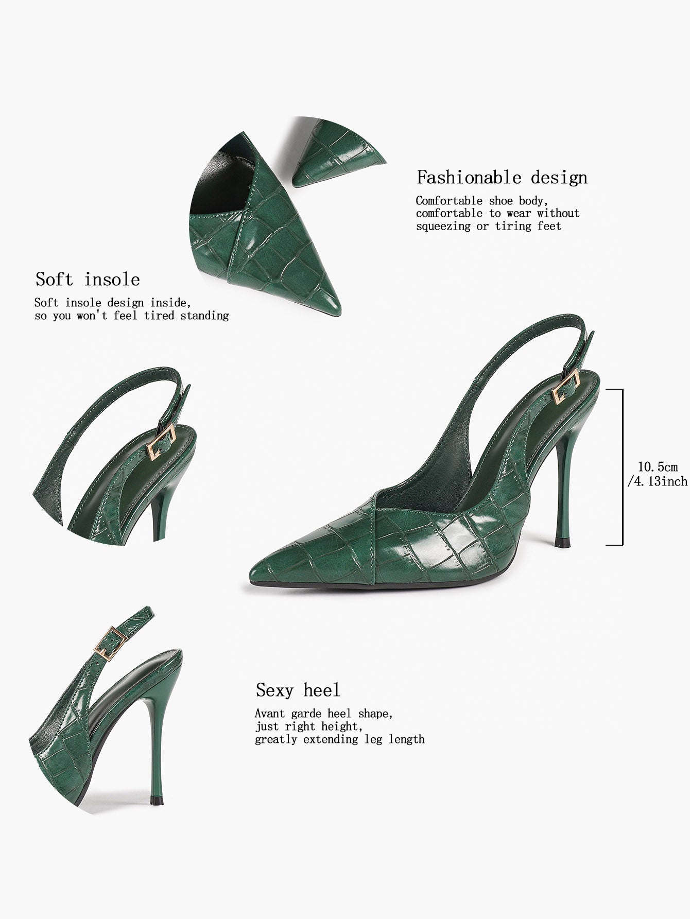 Women's Black Slingback Heels Pointed Toe Gold Buckle Stilettos Office Meeting Formal Evening Pumps