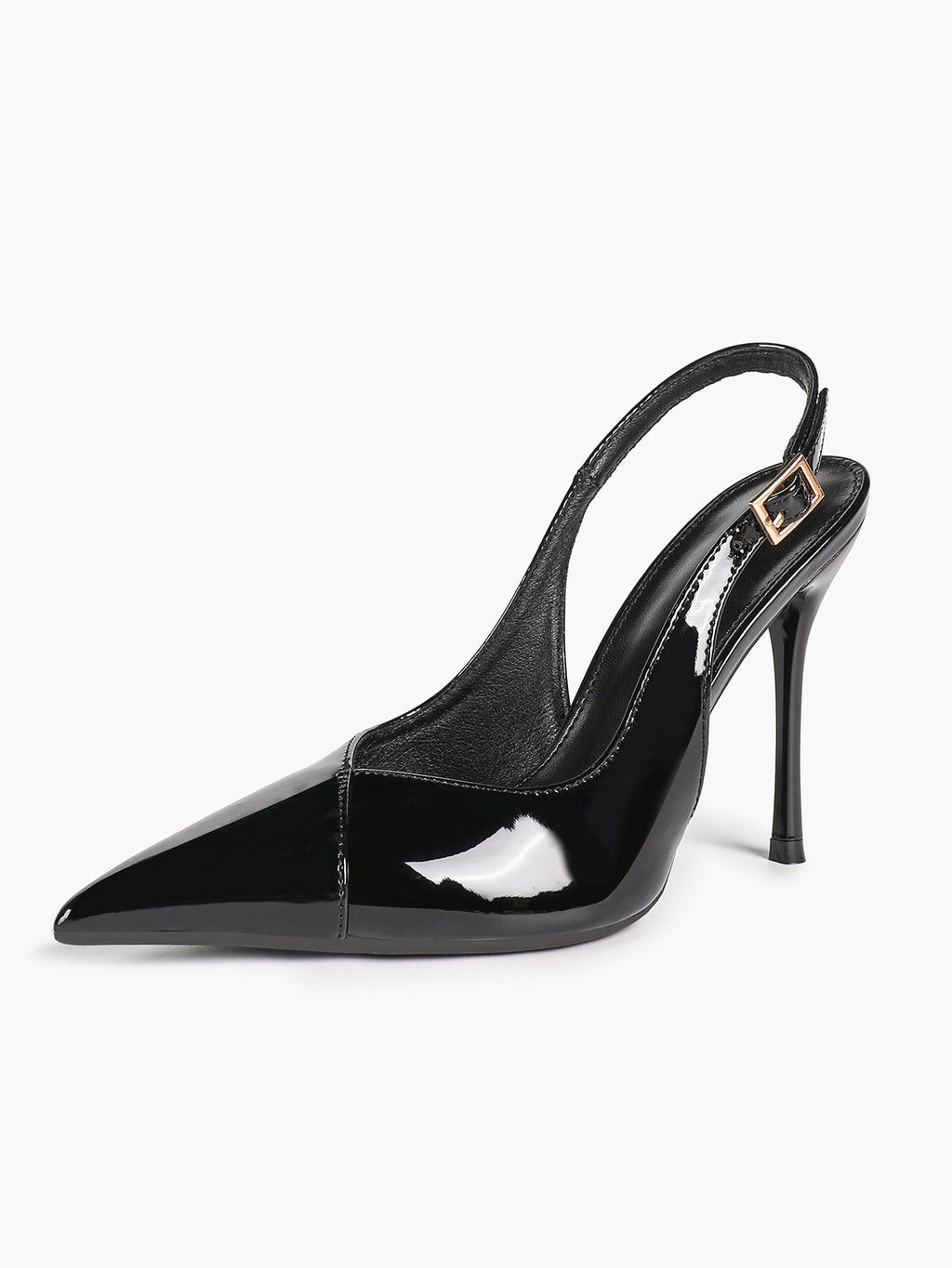 Women's Black Slingback Heels Pointed Toe Gold Buckle Stilettos Office Meeting Formal Evening Pumps