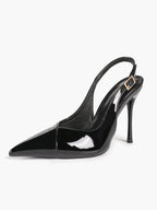 Women's Black Slingback Heels Pointed Toe Gold Buckle Stilettos Office Meeting Formal Evening Pumps