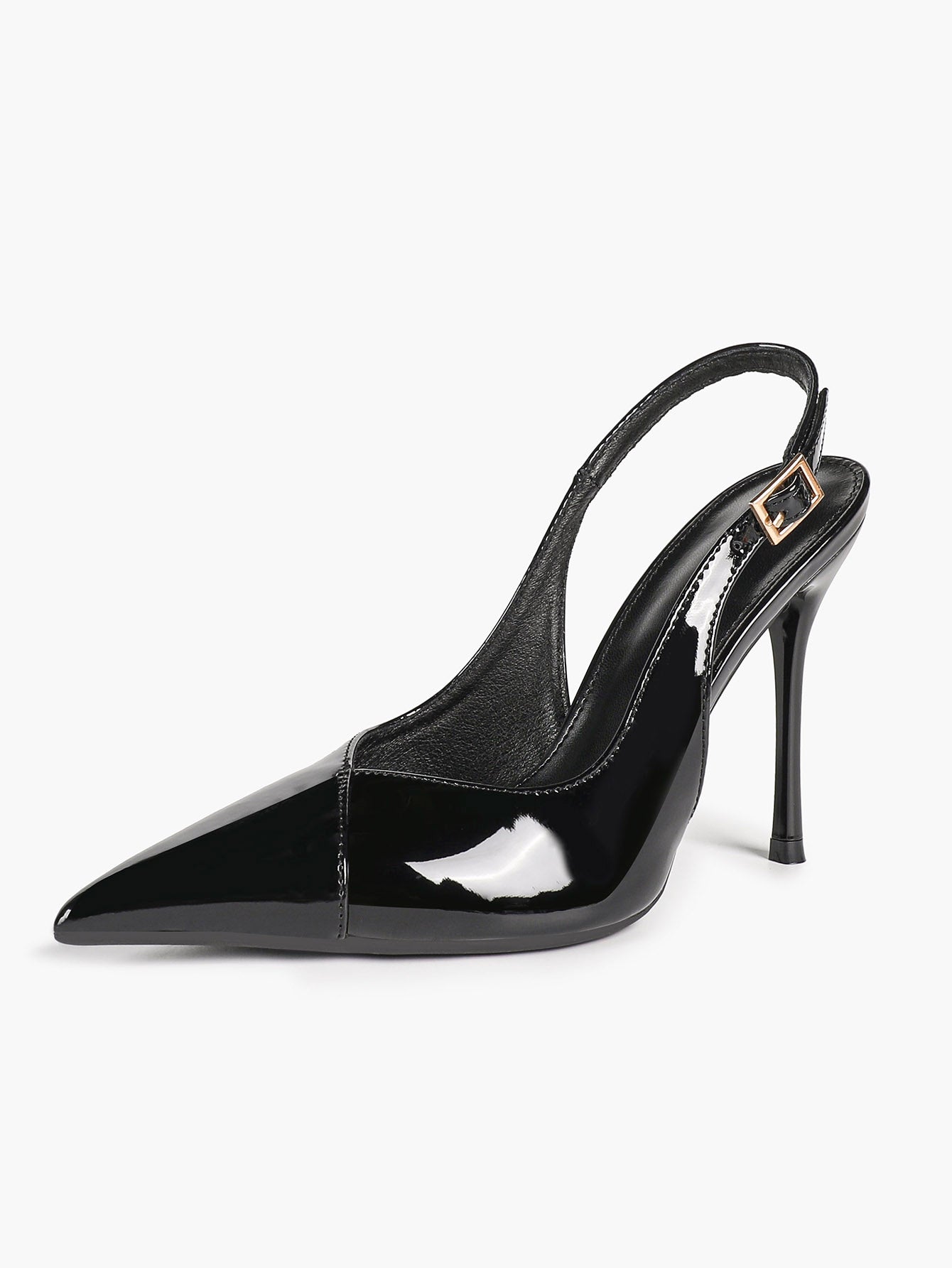 Women's Black Slingback Heels Pointed Toe Gold Buckle Stilettos Office Meeting Formal Evening Pumps