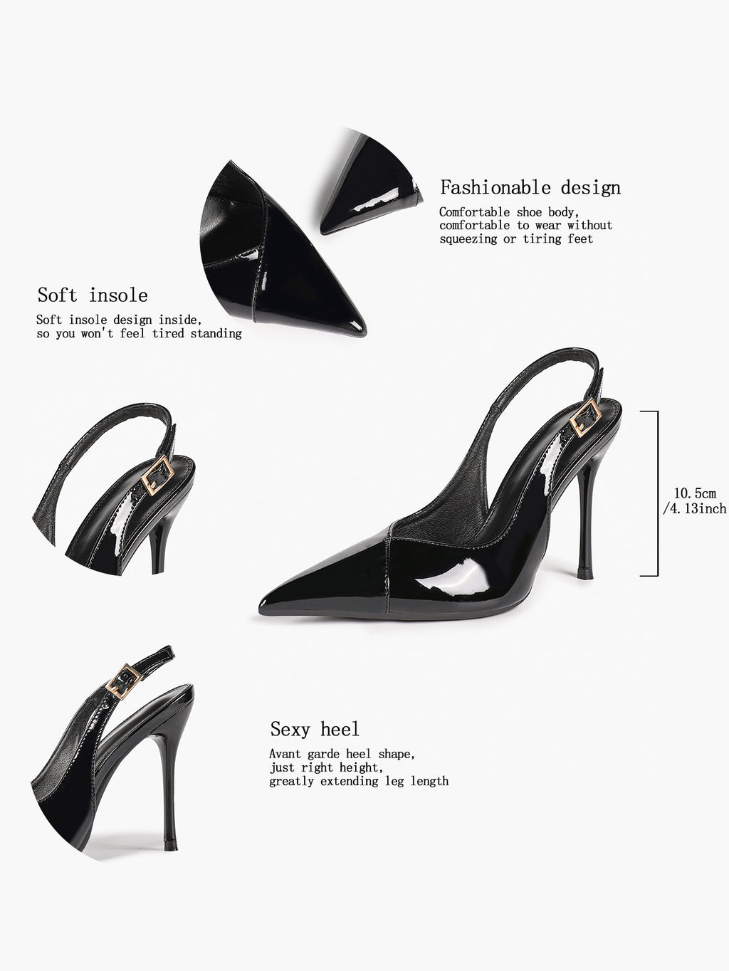 Women's Black Slingback Heels Pointed Toe Gold Buckle Stilettos Office Meeting Formal Evening Pumps