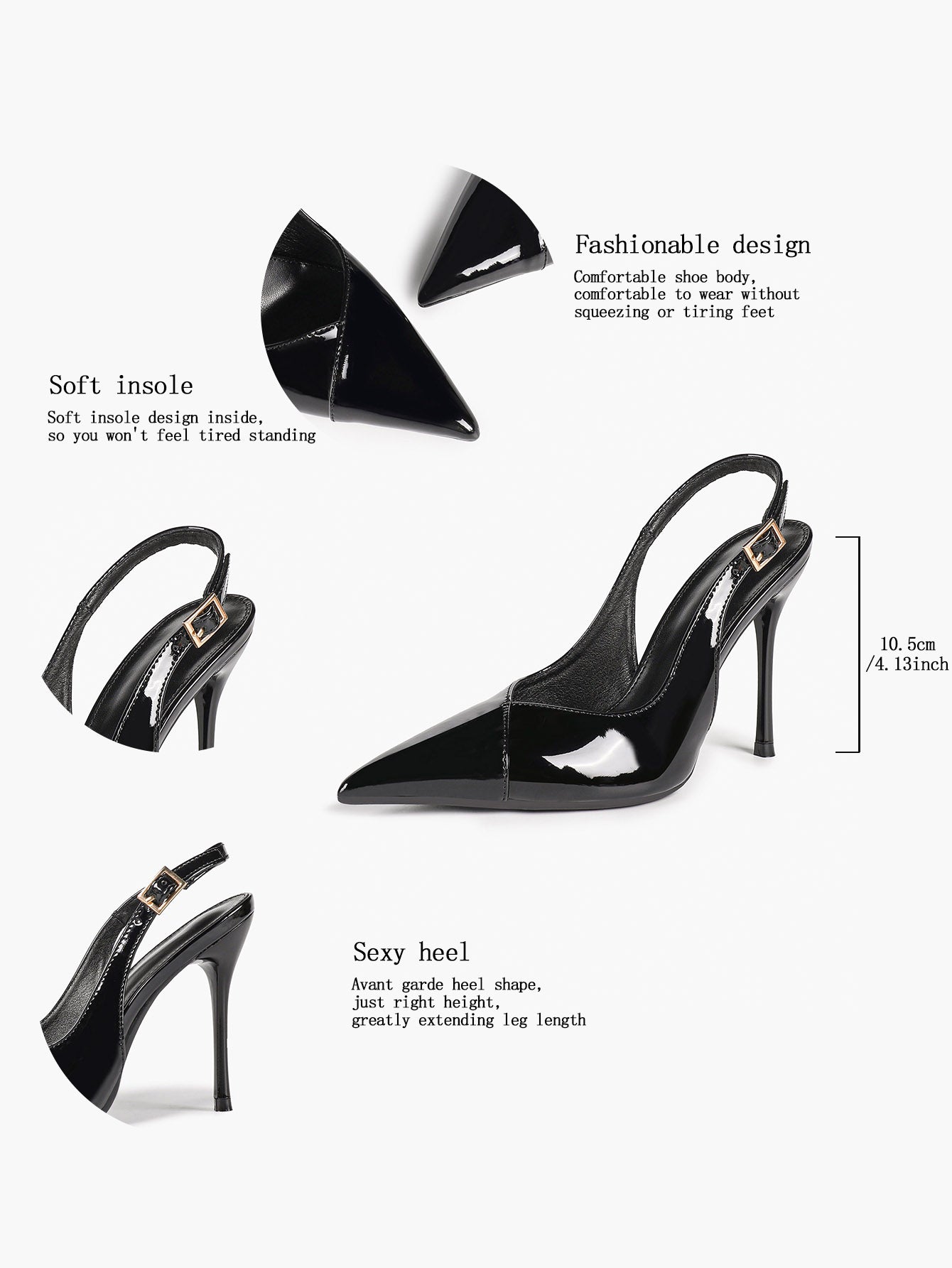 Women's Black Slingback Heels Pointed Toe Gold Buckle Stilettos Office Meeting Formal Evening Pumps