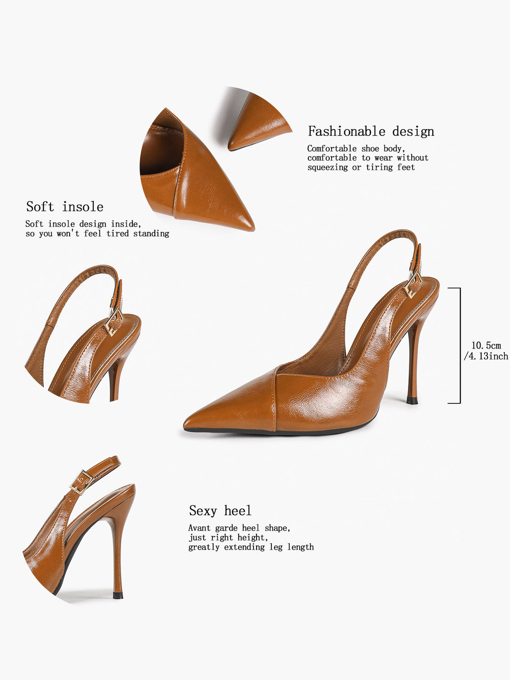 Women's Black Slingback Heels Pointed Toe Gold Buckle Stilettos Office Meeting Formal Evening Pumps