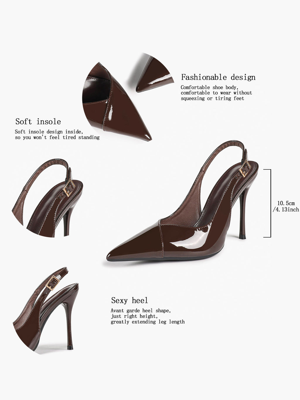 Women's Black Slingback Heels Pointed Toe Gold Buckle Stilettos Office Meeting Formal Evening Pumps
