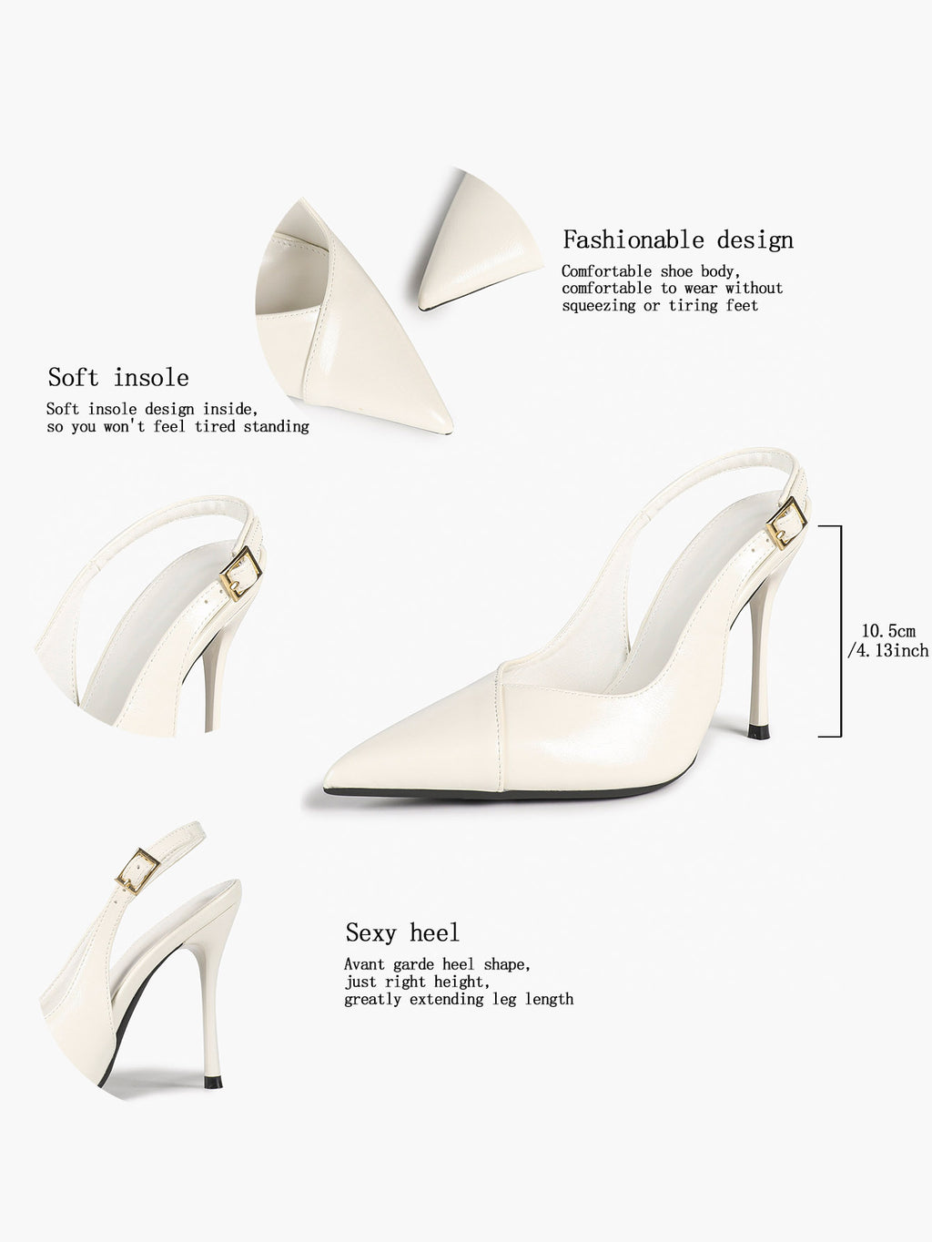 Women's Black Slingback Heels Pointed Toe Gold Buckle Stilettos Office Meeting Formal Evening Pumps
