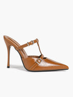 Women's Black Patent Leather Pointed Toe T-Strap Stiletto Mules