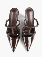 Women's Black Patent Leather Pointed Toe T-Strap Stiletto Mules