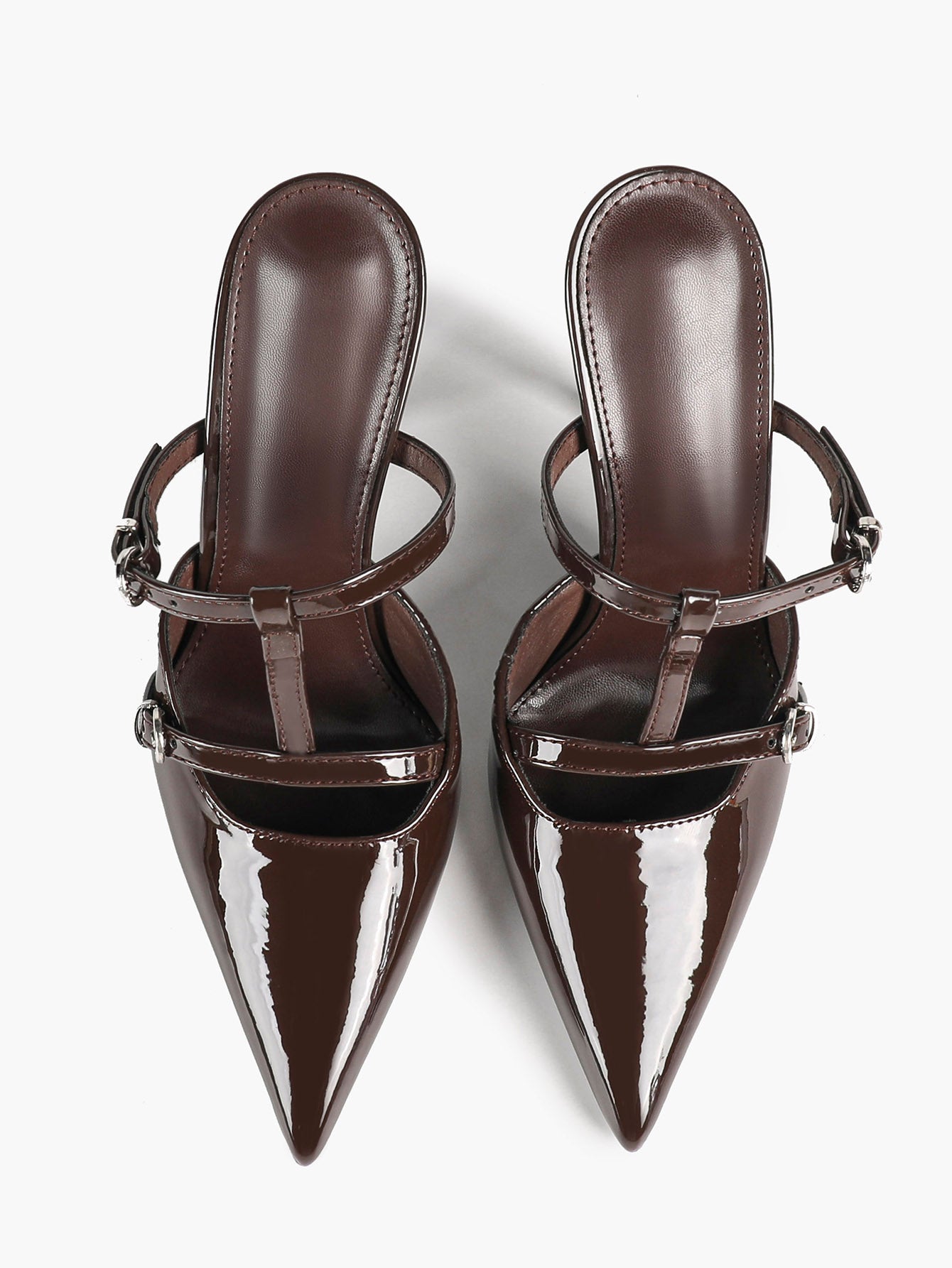 Women's Black Patent Leather Pointed Toe T-Strap Stiletto Mules