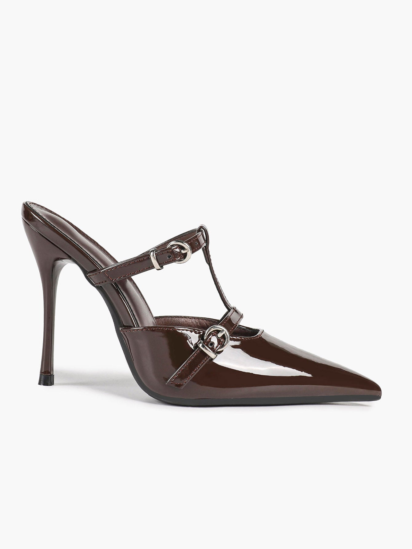 Women's Black Patent Leather Pointed Toe T-Strap Stiletto Mules