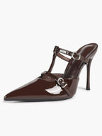 Women's Black Patent Leather Pointed Toe T-Strap Stiletto Mules