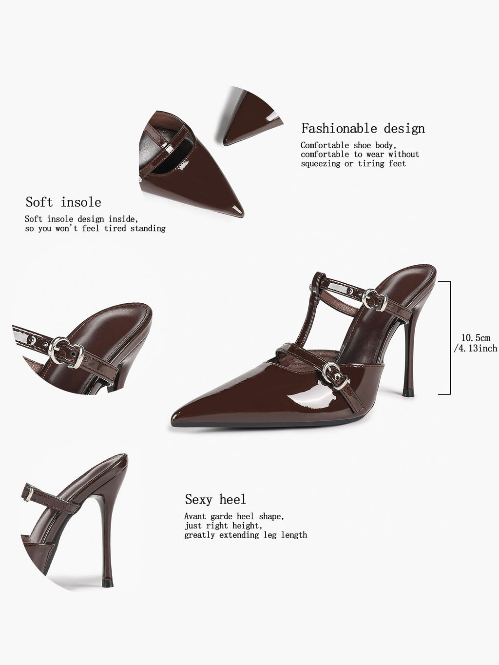 Women's Black Patent Leather Pointed Toe T-Strap Stiletto Mules