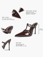 Women's Black Patent Leather Pointed Toe T-Strap Stiletto Mules