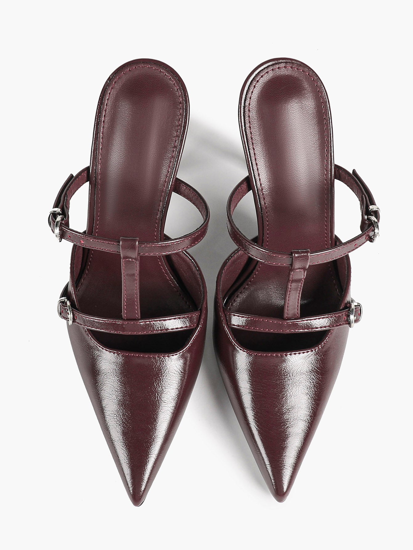 Women's Black Patent Leather Pointed Toe T-Strap Stiletto Mules