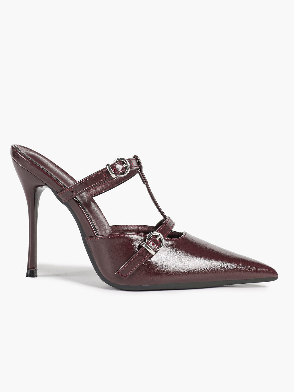 Women's Black Patent Leather Pointed Toe T-Strap Stiletto Mules