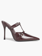Women's Black Patent Leather Pointed Toe T-Strap Stiletto Mules