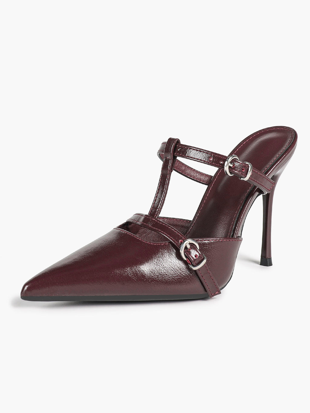 Women's Black Patent Leather Pointed Toe T-Strap Stiletto Mules