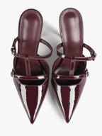 Women's Black Patent Leather Pointed Toe T-Strap Stiletto Mules