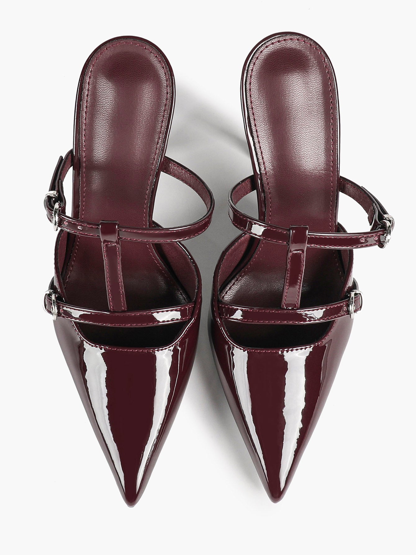 Women's Black Patent Leather Pointed Toe T-Strap Stiletto Mules