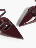 Women's Black Patent Leather Pointed Toe T-Strap Stiletto Mules
