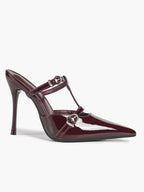 Women's Black Patent Leather Pointed Toe T-Strap Stiletto Mules