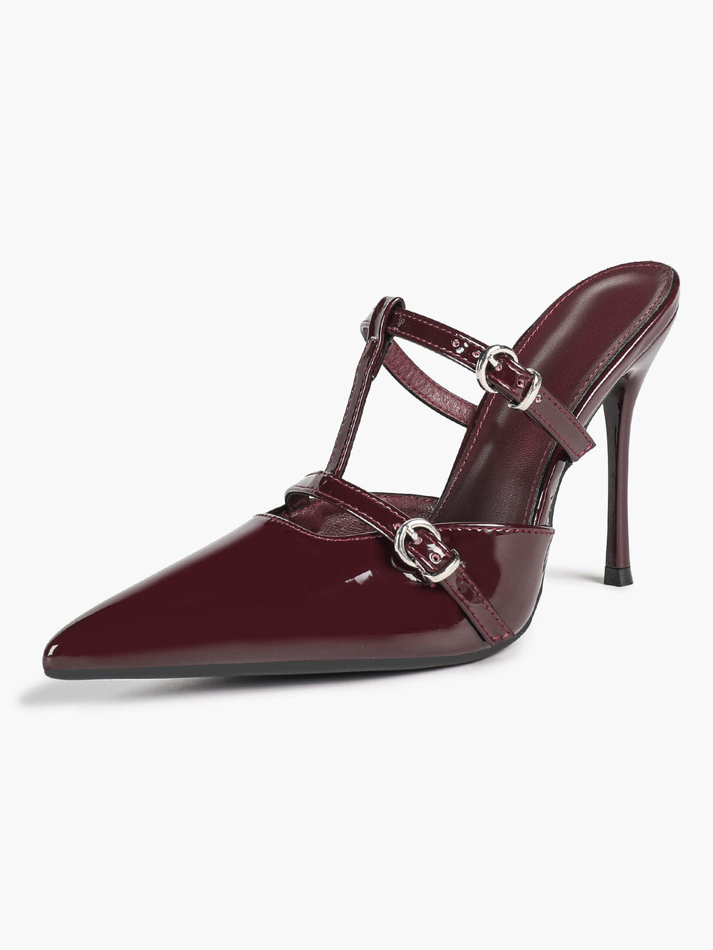 Women's Black Patent Leather Pointed Toe T-Strap Stiletto Mules