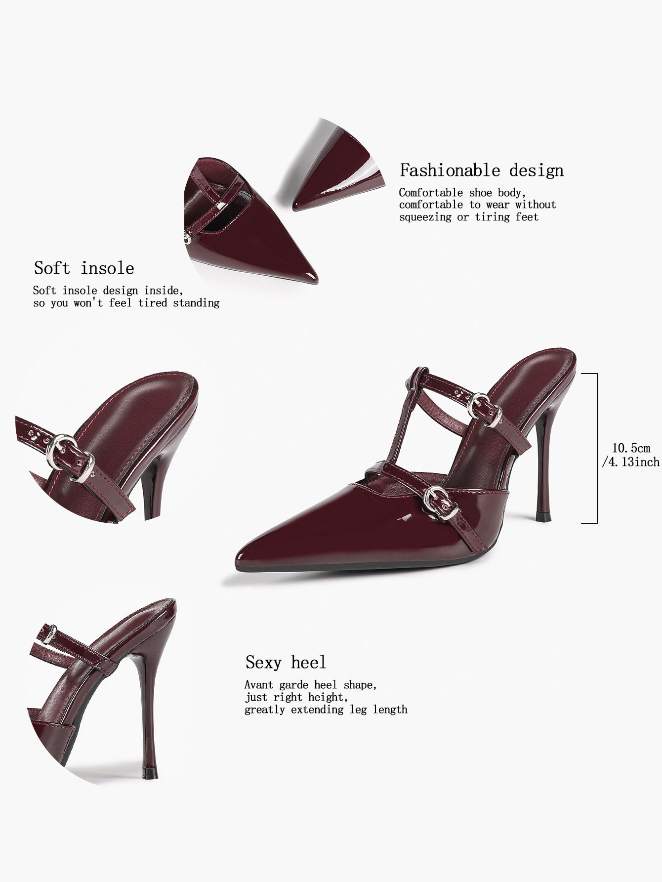 Women's Black Patent Leather Pointed Toe T-Strap Stiletto Mules