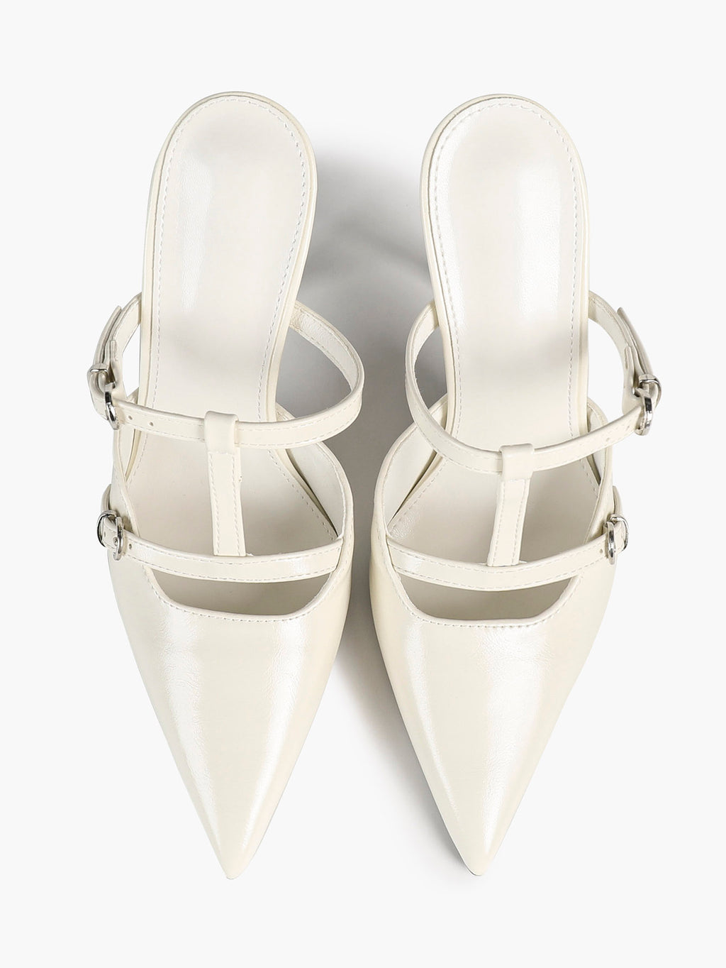 Women's Black Patent Leather Pointed Toe T-Strap Stiletto Mules