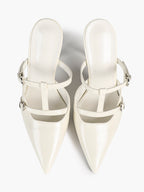 Women's Black Patent Leather Pointed Toe T-Strap Stiletto Mules