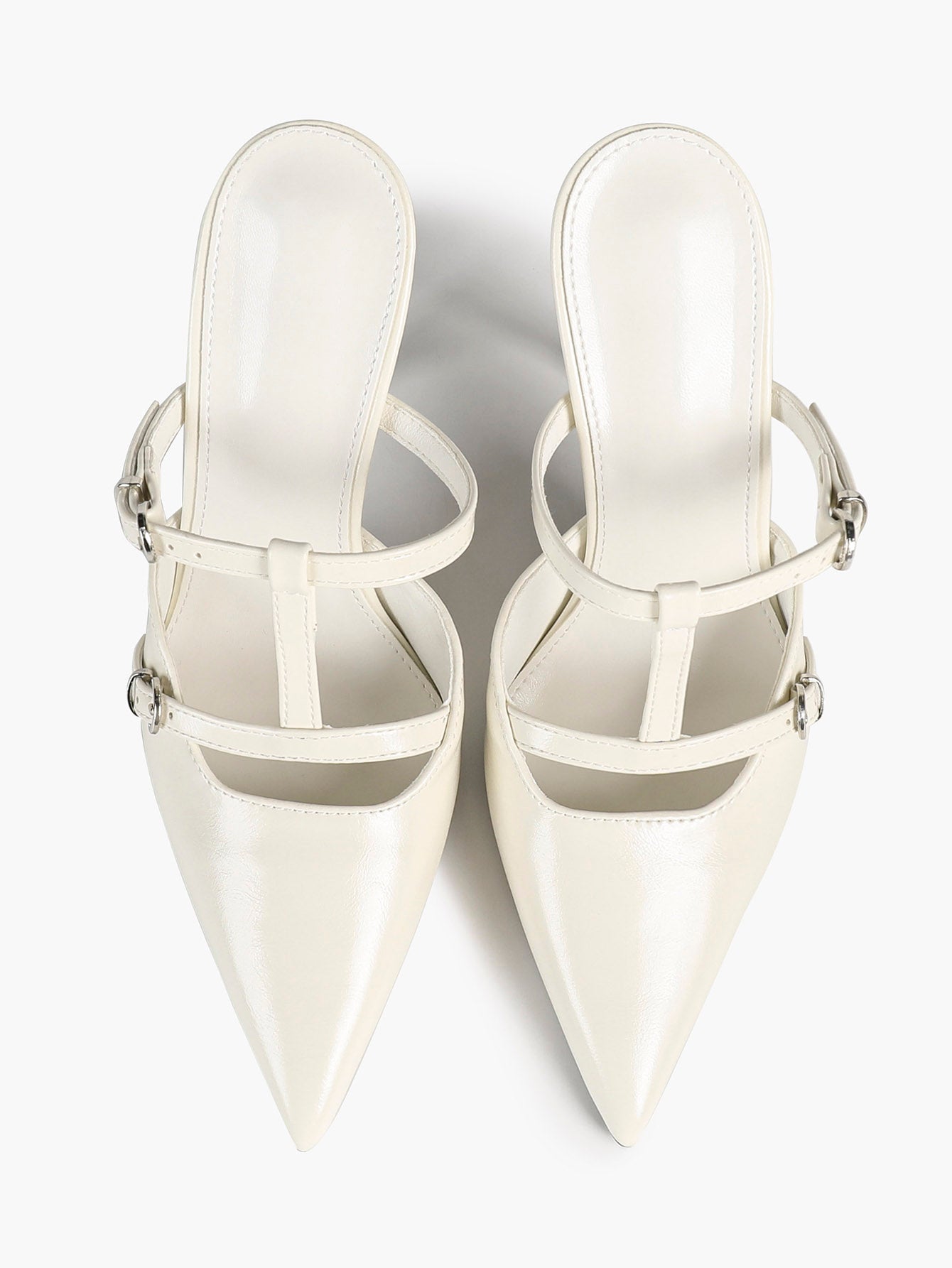 Women's Black Patent Leather Pointed Toe T-Strap Stiletto Mules