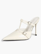 Women's Black Patent Leather Pointed Toe T-Strap Stiletto Mules